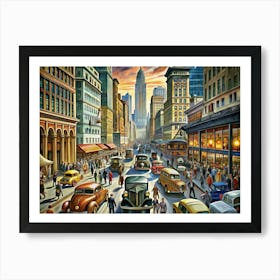 Vintage City Street Scene With Cars And People Art Print