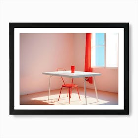 Photo Of A White Table With A Red Chair And A Red Vase In A White Room With A Red Curtain And A Window Art Print