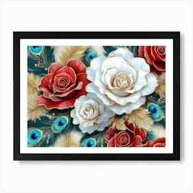 3d Design Illustration Seamless Pattern Diamond Painting White, Crimson, Turquoise And Golden Roses Flowers 1 Art Print