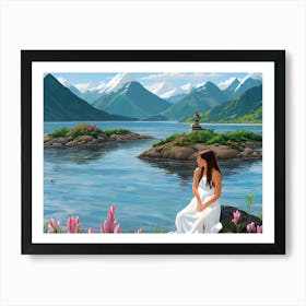Woman Sits By The Lake With Mountain View Art Print