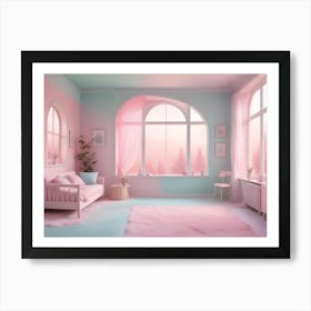 A Pink And Mint Green Room With Arched Windows, A Pink Sofa, A White Chair, A Table, And A Fluffy Rug, Creating A Soft And Dreamy Atmosphere Art Print