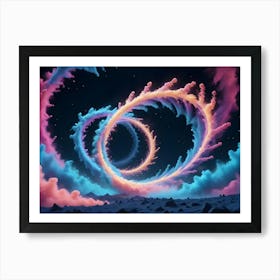 Two Colorful Smoke Rings Swirling In The Night Sky Above A Snowy Landscape With Mountains Art Print