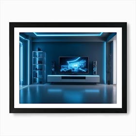 A Modern Living Room Interior With A Blue Sofa, A Tv, A Plant, A Bookshelf, And Blue Accent Lighting Art Print