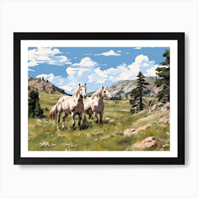 Horses Painting In Rocky Mountains Colorado, Usa, Landscape 2 Art Print