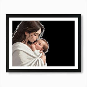 A Mother Cradling Her Sleeping Baby In Her Arms, Isolated On A Black Background 1 Art Print