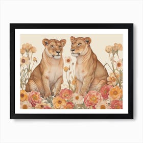 Floral Animal Illustration Lion 2 Art Print