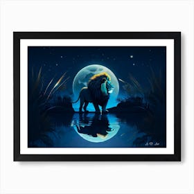 A Male Lion At Full Moon Night By The Water Minimal Color Art Paintimg Art Print