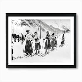Victorian Women Skiers Vintage Black and White Photo Art Print