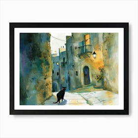 Black Cat In Matera, Italy, Street Art Watercolour Painting 4 Art Print