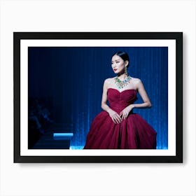 Asian Woman Posing Effortlessly In Haute Couture High Fashion Runway Walk Lavish Fabrics Cascading (3) Art Print