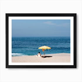 The Yellow Parasol The Blue Sea And The Woman At The Beach Portugal Travel Art Print