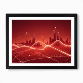 Abstract Image Of A Cityscape Silhouette With Glowing Red Lines, Resembling A Network Or Connection Art Print