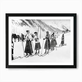 Skiers, Women Skiers, Black and White Old Photo, Vintage Ski Art Art Print