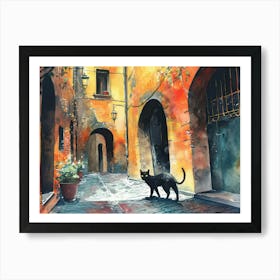 Black Cat In Bologna, Italy, Street Art Watercolour Painting 2 Art Print