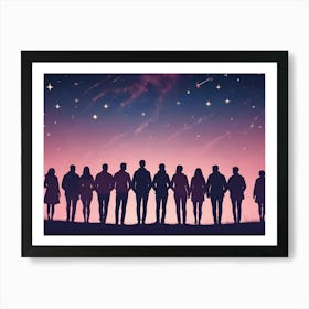 A Group Of People Silhouetted Against A Night Sky With A Pink And Purple Sunset, Stars, And Shooting Stars, Symbolizing Hope, Unity, And Dreams Art Print