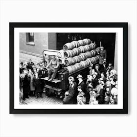 Prohibition, Beer Barrels on Truck, Bar Cart Decor, Vintage Black and White Old Photo Art Print