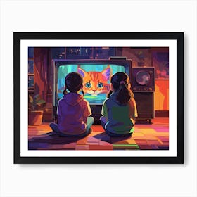 Two Girls Watching Tv - Retro art Art Print