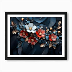 3d Artwork Illustration White And Blue Background With Golden Jewelry And Flowers, In Black Art Print