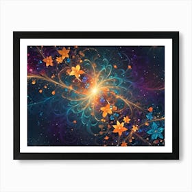 Colorful, Abstract Floral Design With Glowing Flowers, Swirling Patterns, And A Central Burst Of Light Against A Dark, Starry Background Art Print