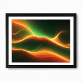 Abstract Background With Flowing, Wavy Lines Of Orange And Green Light Against A Dark Background, Simulating Energy Or Auroras Art Print