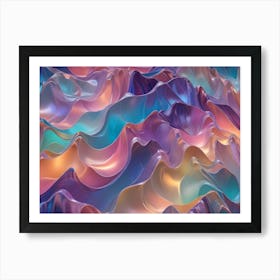 Abstract Image Of A Flowing, Liquid Like Surface With Metallic Highlights In Shades Of Blue, Pink, And Orange Art Print