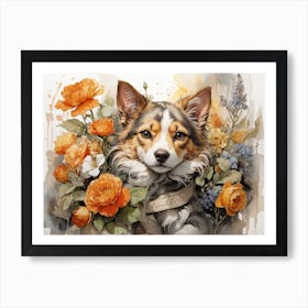 Dog With Flowers 1 Art Print