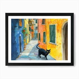 Black Cat In Verona, Italy, Street Art Watercolour Painting 4 Art Print