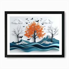 3d Modern Landscape Art with A Christmas Tree, Blue Wavy Lines, Deer, Clouds, Mountains Art Print