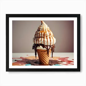 A Melting Ice Cream Cone With White Soft Serve Ice Cream, Chocolate Sauce, And Caramel Sauce Dripping Down Art Print