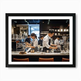 Cafeteria Interior Bustling With Activity Baristas In Checkered Aprons Preparing Espresso Drinks P (5) Art Print