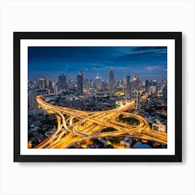 Aerial View Of Bangkok At Night Showcasing The Metropolitan District Interwoven With A Complex Tele (5) Art Print