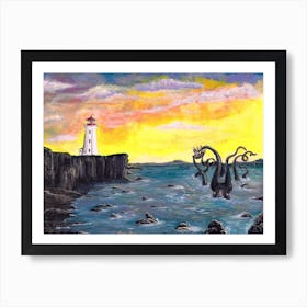 Kraken By The Lighthouse  Art Print