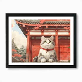 Cat rests before a Japanese Temple Art Print