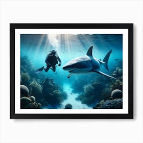 Scuba Diver And Great White Shark 6 Art Print