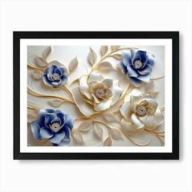 3d Blue And Gold Flowers Art Print