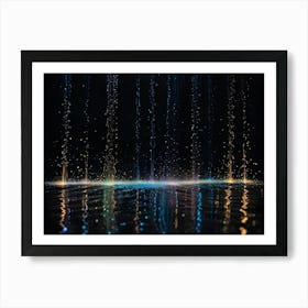 Abstract Background Of Streaks Of Colorful Light Falling From Above Onto A Dark, Reflective Surface Art Print