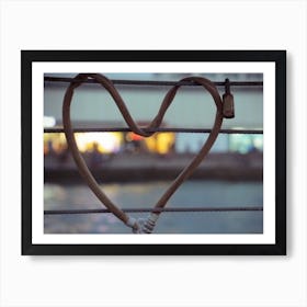 Heart Shaped Padlock Locked Metal Cables During Twilight Time Art Print