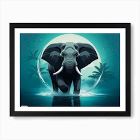 Minimalism Color Art of a Elephant Engage In The Water Art Print