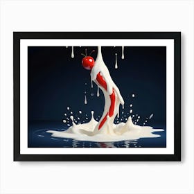 A Red Chili Pepper Dripping With White Cream, Plunging Into A Pool Of Cream, Creating A Splash On A Dark Blue Background Art Print