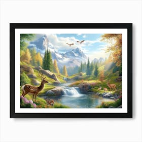 Nature Travel Lovely Countryside View Valley Meadow Beautiful Place Background with Mountains, Deer Animals, Flowers 1 Art Print