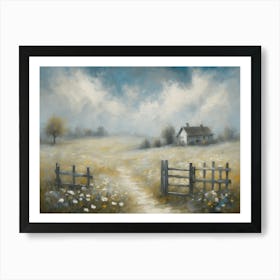 Rustic Countryside Farmhouse Print in Neutral Tones | Farm Country Art | Cream White Wildflowers Meadow Artwork | Landscape Faded Country House and Fields in HD Art Print