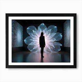 A Woman In Silhouette Stands Facing A Large, Glowing, Abstract Flower Shaped Light Installation Art Print