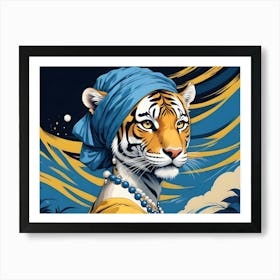 Portrait Of A Tiger Wearing A Blue Headscarf And Pearl Necklace, Inspired By Vermeer S Girl With A Pearl Earring Art Print