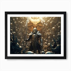 Robot knight with a horned helmet, sword, and shield stands triumphantly on a pile of human skulls and debris Art Print