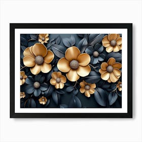 Gold Flowers On Black Background 4 Art Print