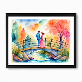 Watercolor Couple On A Bridge 2 Art Print