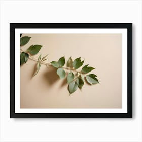 A Close Up Image Of A Green Plant Branch With Leaves Against A Light Beige Background Art Print