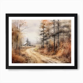 A Painting Of Country Road Through Woods In Autumn 32 Art Print