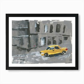 Yellow Taxi In Gray City - car hand painted urban cityscape architecture Art Print