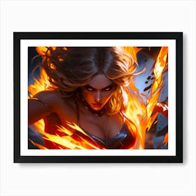 A Fierce Blonde Woman With Fire Powers Creative Art Illustration Art Print
